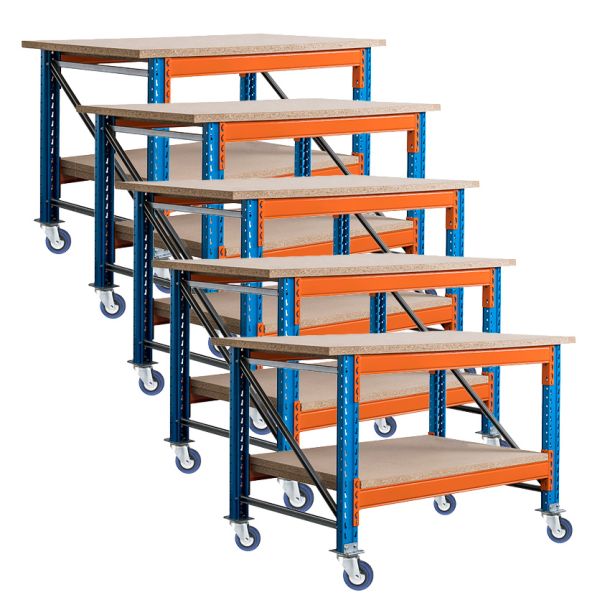 Voordeelset 5x Stow werkbank op wielen met rem 1800 x 950 x 1000 mm (bxdxh) incl. topblad en extra niveau