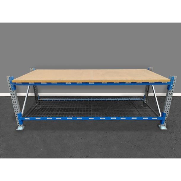 Werkbank 2680 x 1000 x 1000 mm (bxdxh) - 2 niveaus - voorzien van rooster onder niveau - verzinkt/blauw - gebruikt