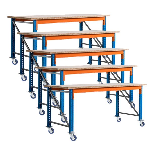 Voordeelset 5x Stow werkbank op wielen met rem 2700 x 950 x 900 mm (bxdxh) incl. topblad