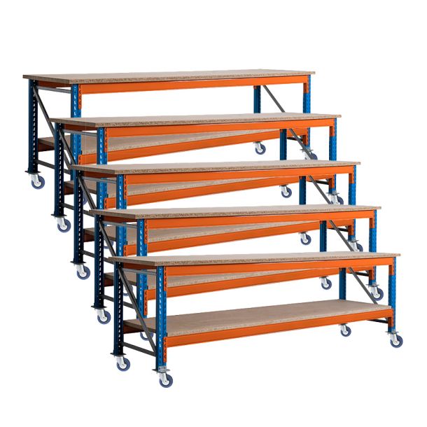 Voordeelset 5x Stow werkbank op wielen met rem 3600 x 950 x 900 mm (bxdxh) incl. topblad en extra niveau