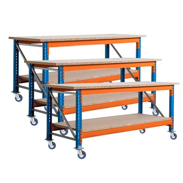 Voordeelset 3x Stow werkbank op wielen met rem 2700 x 950 x 900 mm (bxdxh) incl. topblad en extra niveau