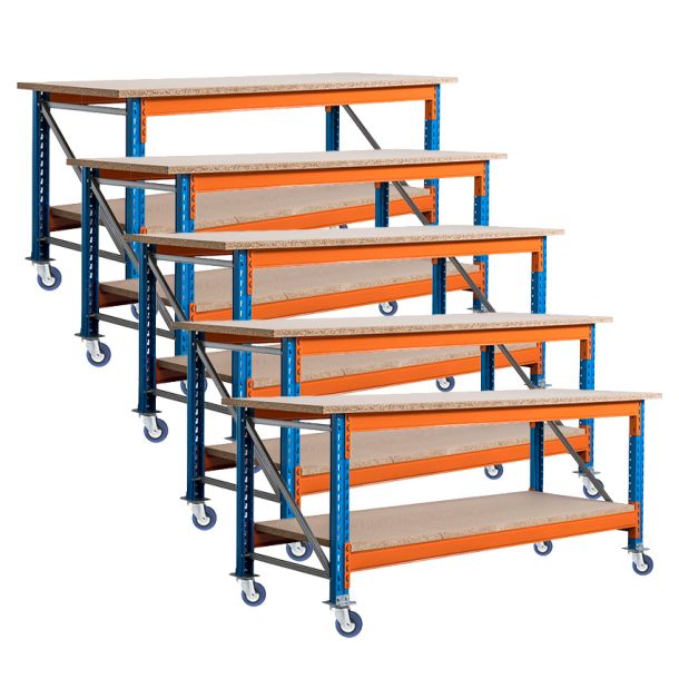 Voordeelset 5x Stow werkbank op wielen met rem 2700 x 950 x 900 mm (bxdxh) incl. topblad en extra niveau