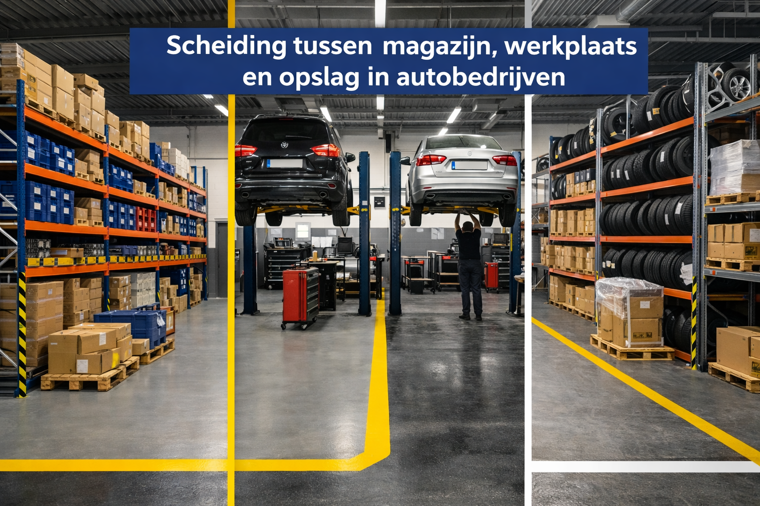 Scheiding tussen magazijn, werkplaats en opslag in autobedrijven